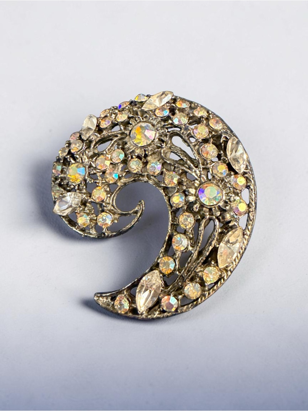 ✨ Vintage Rhinestone Crescent Brooch Silver Tone AB Rhinestones Statement Pin✨